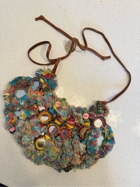 Tory Burch Multicolor Crochet Mirror Fringe Necklace with Brown Leather Tie